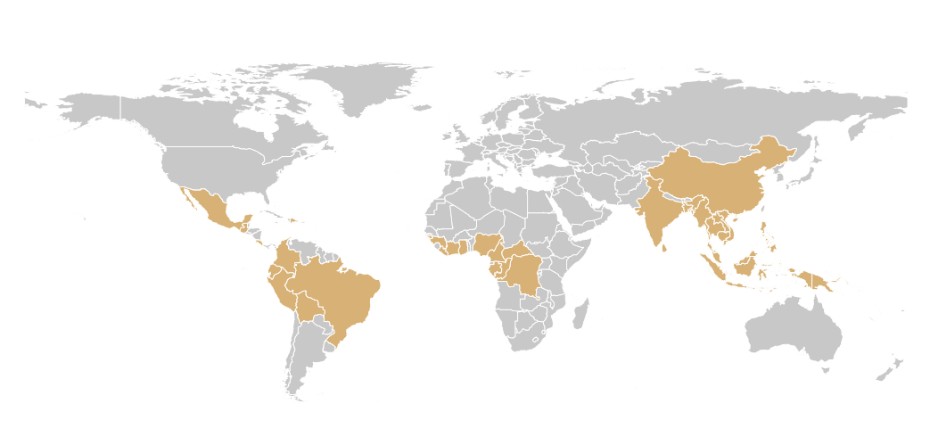 Rubber plantation on the world map