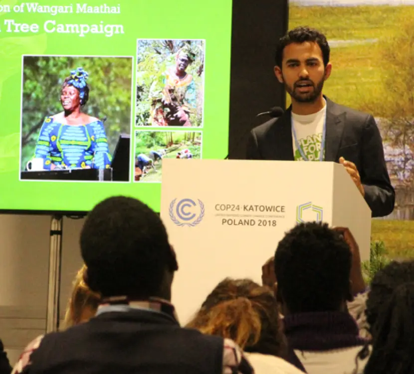Sagar giving speech at COP24 by Plant-for-the-Planet